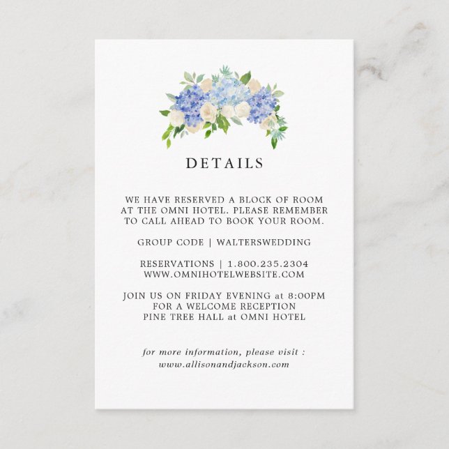 Tarjetas de detalles de Boda floral Blue Hydrangea (Anverso)