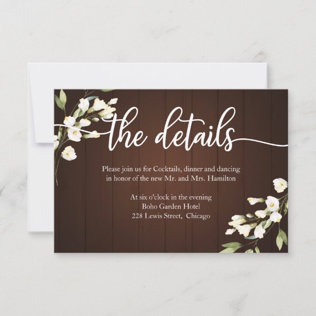 Tarjetas de Detalles de Boda Floral Rústica (Anverso)