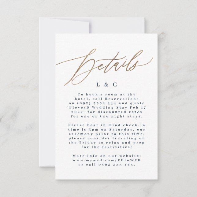 Tarjetas de detalles del Boda de oro de alojamient (Anverso)