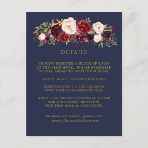 Tarjetas de detalles del Boda floral Navy Gold Mar