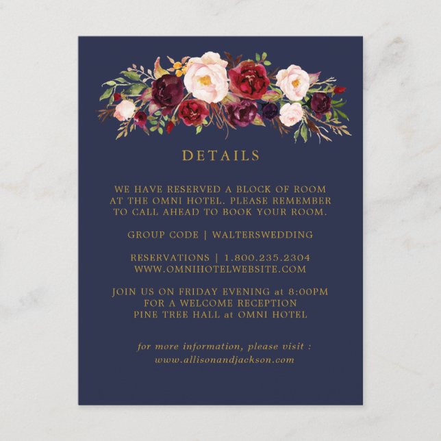 Tarjetas de detalles del Boda floral Navy Gold Mar (Anverso)