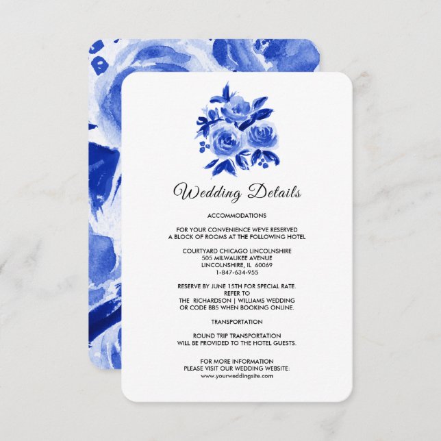 Tarjetas de detalles del Boda Royal Blue Floral Wa (Anverso / Reverso)