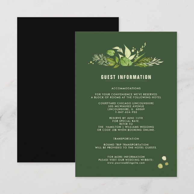 Tarjetas de detalles del boda | Verde Negro Botáni (Anverso / Reverso)