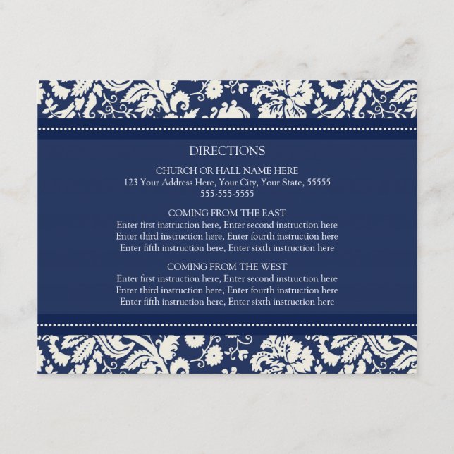 Tarjetas de dirección boda Damasco azul (Anverso)