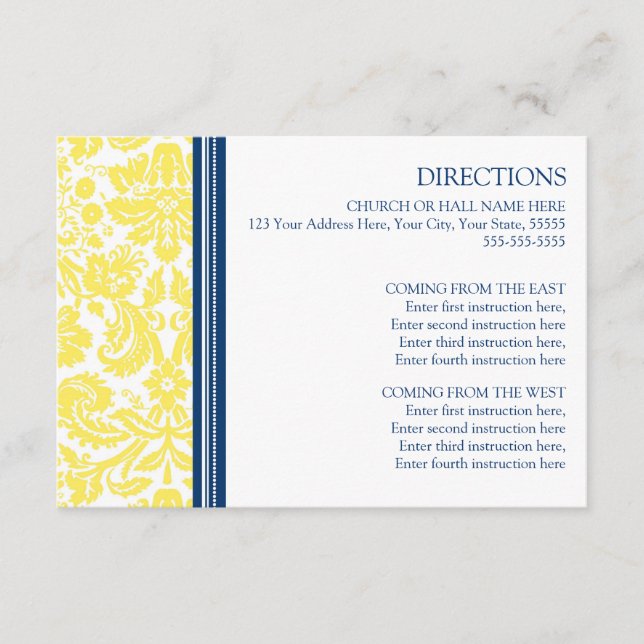 Tarjetas de dirección boda Damasco azul limón (Anverso)