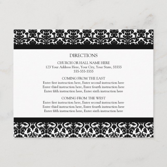 Tarjetas de dirección boda Damasco blanco y negro (Anverso)