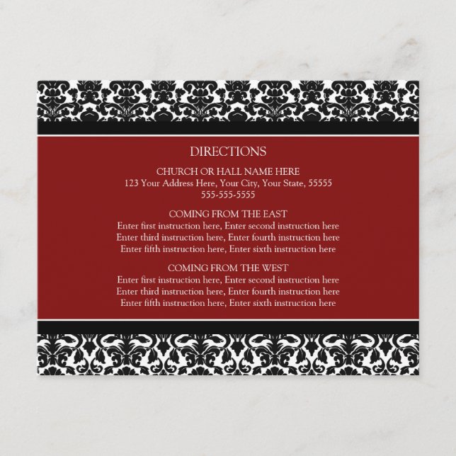 Tarjetas de dirección boda Damasco negro rojo (Anverso)