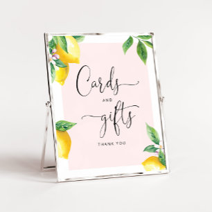 Tarjetas de ducha de limón de color agua y señal d