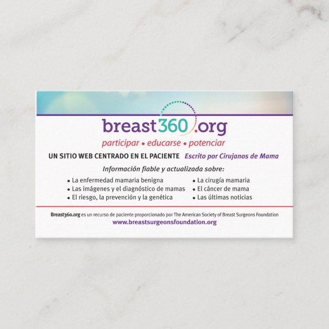 Tarjetas de educación para pacientes de Breast360. (Anverso)