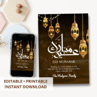 Tarjetas de Eid Mubarak con faroles dorados colgan