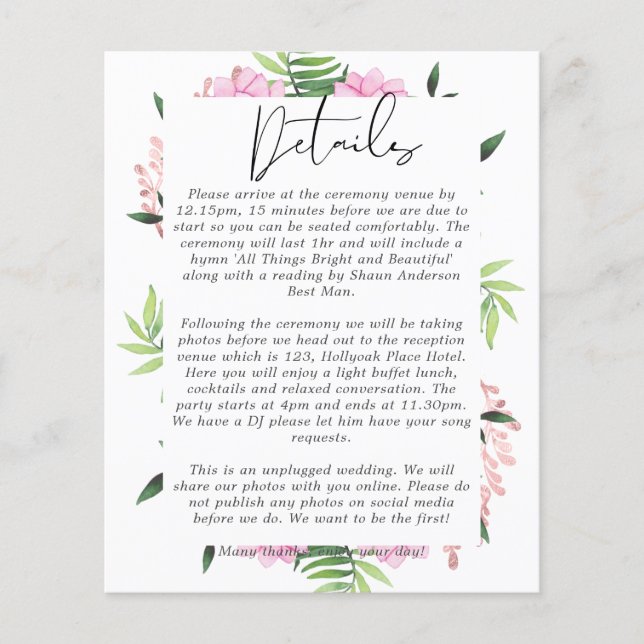 Tarjetas de envoltorio con detalles de Boda Rubor  (Anverso)