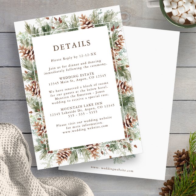 Tarjetas de envoltorio de Boda de energía verde de (Winter Greenery Pinecone Wedding Details Enclosure Cards by Painted Paperie
)