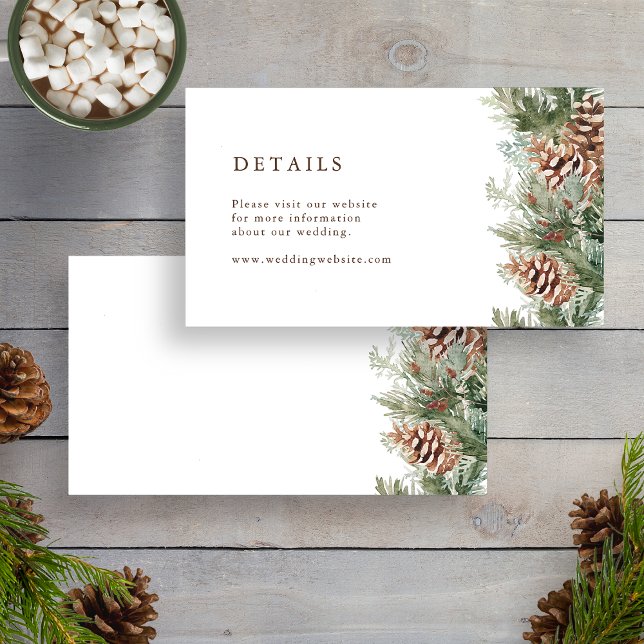 Tarjetas de envoltorio de Boda de vacaciones de in (Pinecone Evergreen Winter Holiday Wedding Enclosure Cards by Painted Paperie
)