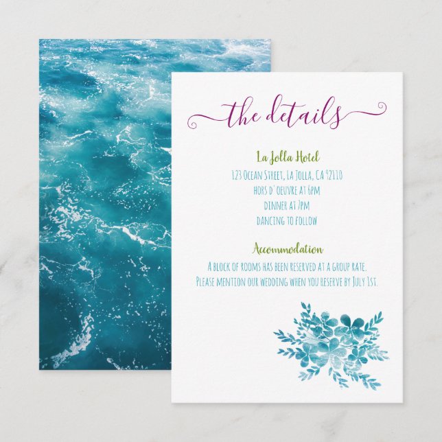 Tarjetas de envoltorio de Boda floral azul oceánic (Anverso / Reverso)