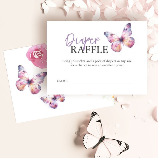 Tarjetas de envoltura Babyducha Diaper Raffle Butt (Diaper raffle cards purple and pink watercolor butterflies floral art by Victoria Grigaliunas)