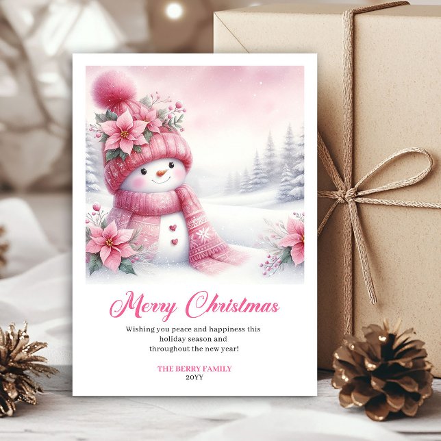 Tarjetas de escena de Navidad impresas de muñeco d (Cozy Pink Snowman Printable Christmas Scene Greeting Card

)