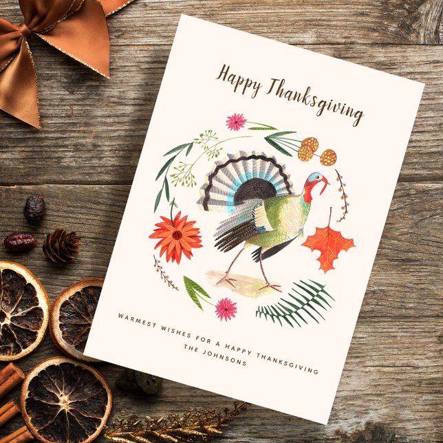 Tarjetas de felicitaciones de la acción de gracias (Modern Elegant Turkey Thanksgiving Botanical Holiday Card)
