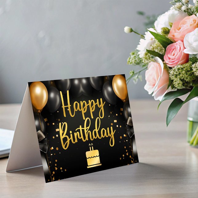 Tarjetas de Feliz Cumpleaños Negocios Globos de Or (Black Gold Balloons Business Happy Birthday card)