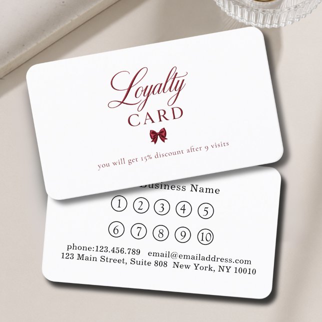 Tarjetas de fidelidad rojas blancas con lazo elega (Elegant Bow Red White 10 Loyalty Cards)