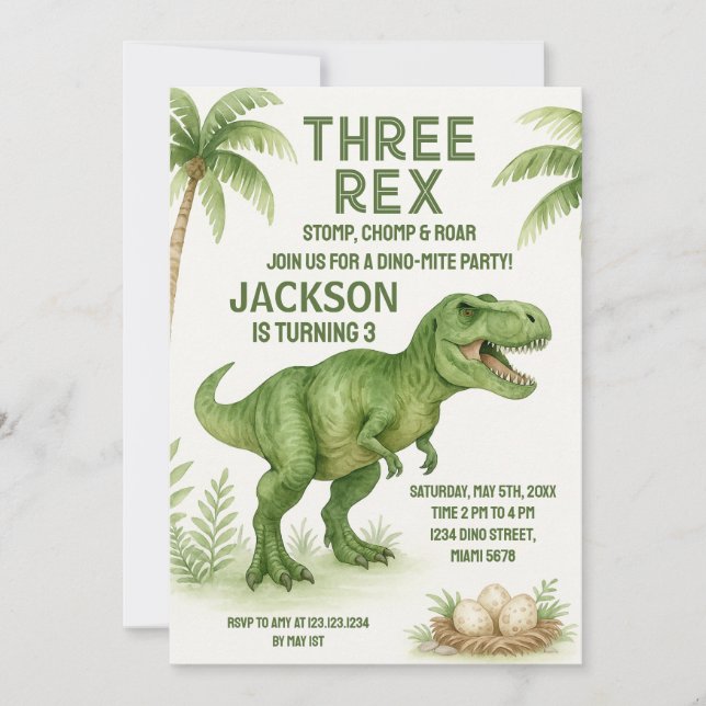 Tarjetas de Fiesta de Dino para niños y Personaliz (Anverso)