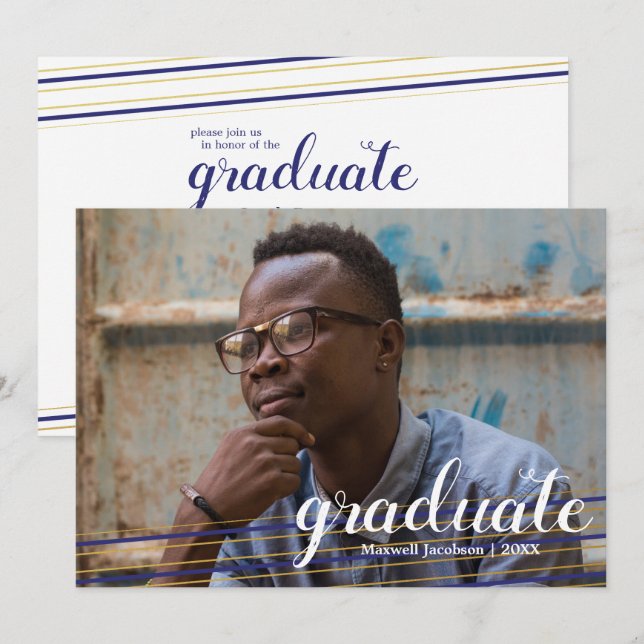 Tarjetas de fiesta de graduación con rayas doradas (Anverso / Reverso)