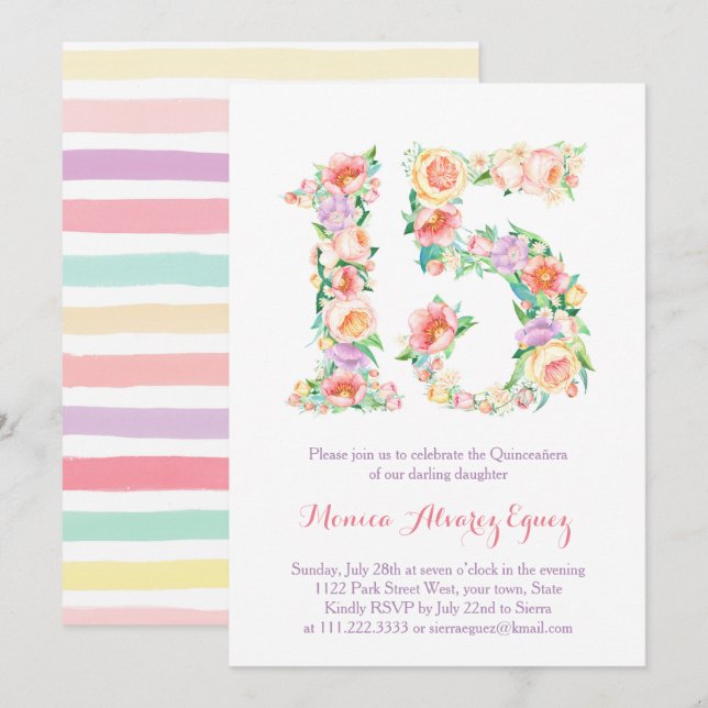 Tarjetas de Fiesta de Quince años, flores pasteles (Anverso / Reverso)