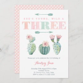 Tarjetas de fiesta de tercer cumpleaños de Cactus 