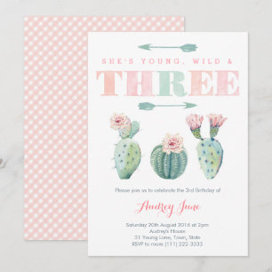 Tarjetas de fiesta de tercer cumpleaños de Cactus 