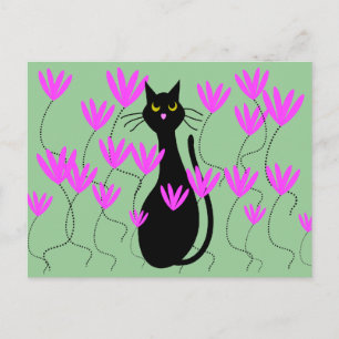 Tarjetas de flores rosadas para gato negro