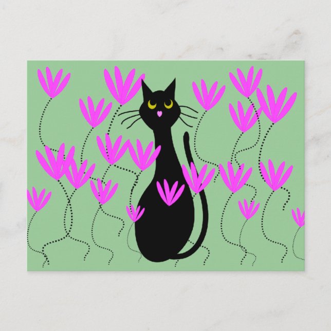 Tarjetas de flores rosadas para gato negro (Anverso)