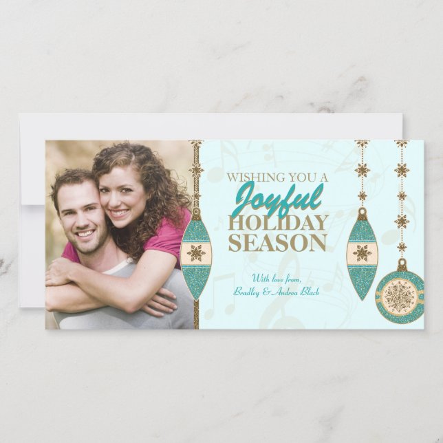 Tarjetas de fotos de navidad con ornamentos de árb (Anverso)