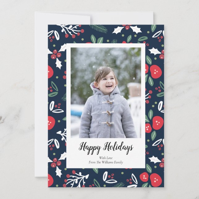 Tarjetas de fotos navideñas con flores azules de l (Anverso)