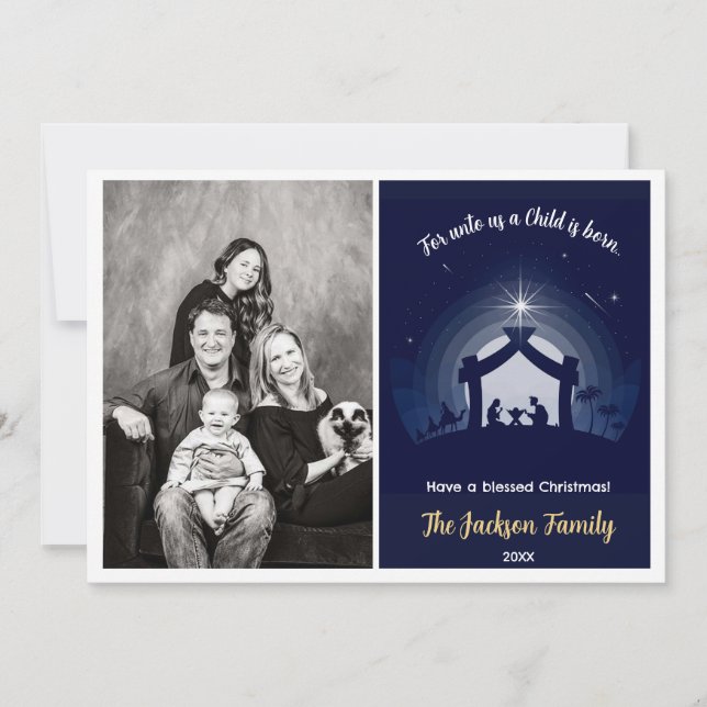 Tarjetas de fotos navideñas de la Natividad (azul  (Anverso)
