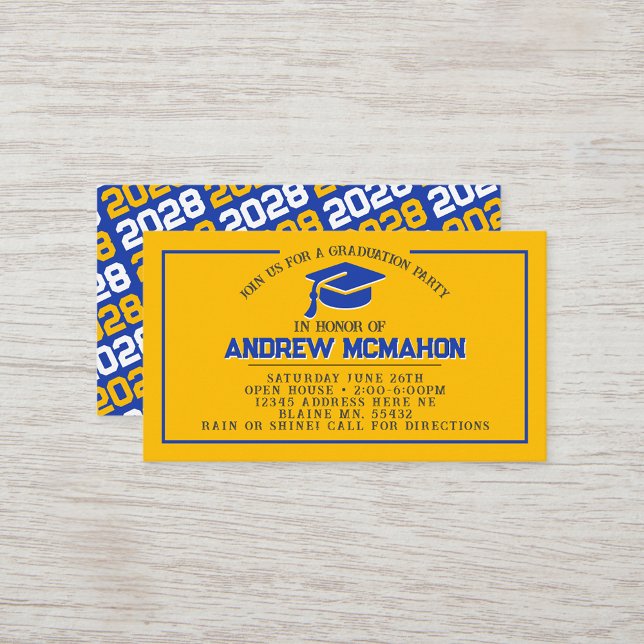 Tarjetas de graduación doradas y azules mini invit (Blue & Yellow Gold Mini Graduation Invites for Friends, Team Mates or as Inserts!)