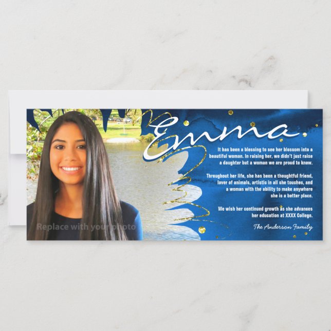 Tarjetas de graduación personalizadas | Azul y Oro (Anverso)