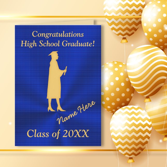 Tarjetas de graduación personalizadas de secundari (Graduation Card to Daughter. Personalized Graduation Cards for Her. Blue and Gold Graduation Card.)