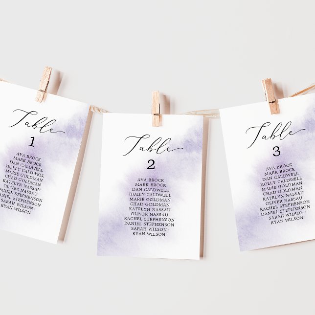 Tarjetas de gráfico de asientos imprimibles púrpur (Watercolor Purple Printable Seating Chart Cards)