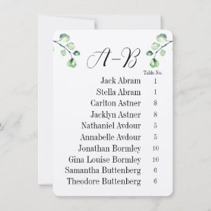 Tarjetas de gráfico de mesa de invitados alfabétic