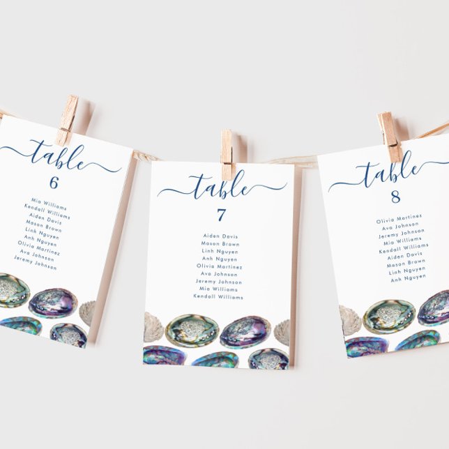 Tarjetas de gráfico de tablas de Boda de la shell  (These Abalone Shell beach wedding seating chart cards are double sided and can be downloaded)