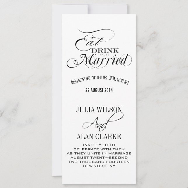 Tarjetas de Guardar la Fecha: Comer, Beber y Casar (Anverso)