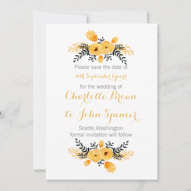 tarjetas de guardar la fecha florales de acuarela  (Anverso)