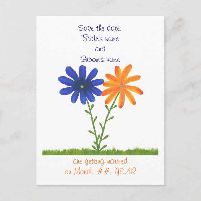 Tarjetas de guardar la fecha, flores azules naranj (Anverso)