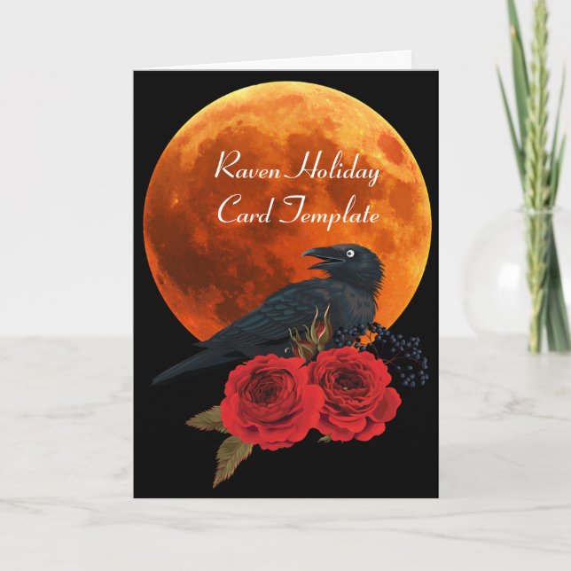 Tarjetas de Halloween de Luna Cuervo con Rosas Roj (Anverso)