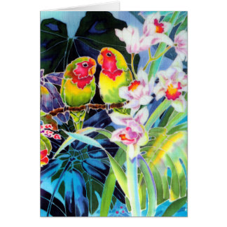 Tarjetas de impresión tropical Lovebirds y Orchids