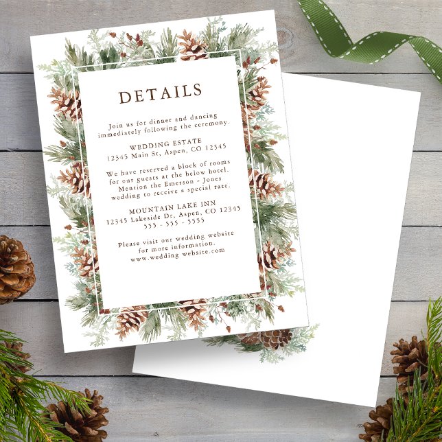 Tarjetas de Inclusión para Boda de Fiesta Navideña (Winter Greenery Holiday Pine Wedding Enclosure Cards by Painted Paperie
)