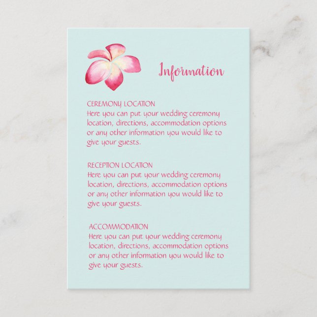 Tarjetas de información Boda de Plumeria Tropical (Anverso)