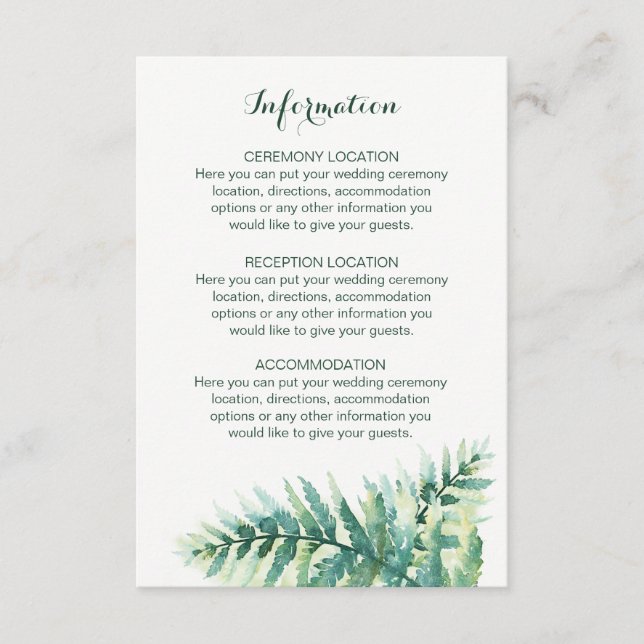Tarjetas de información de Boda Green Fern Waterco (Anverso)