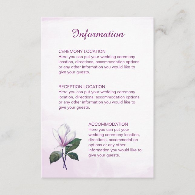 Tarjetas de información de Boda Magnolia (Anverso)