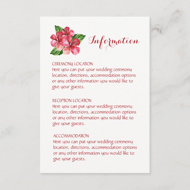 Tarjetas de información de Bodas tropicales rojos  (Anverso)