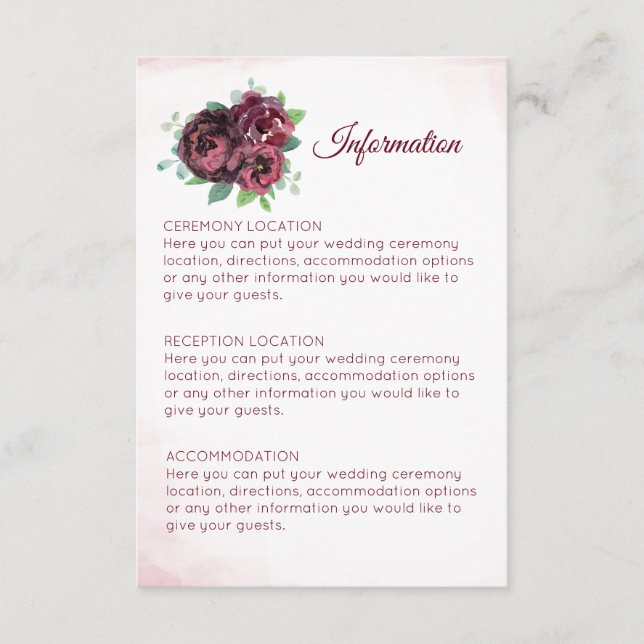 Tarjetas de información del Boda Burgundy Rose Bou (Anverso)